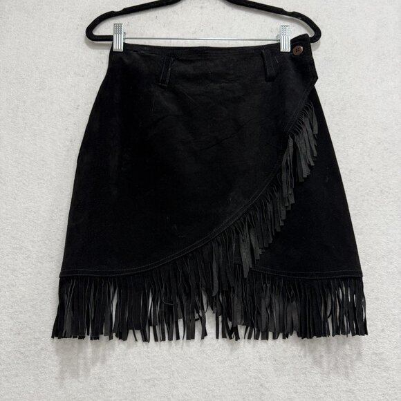Cache Skirt Womens 8 Black Suede Leather Fringe Wrap Western Boho Mini Festival - Picture 1 of 7